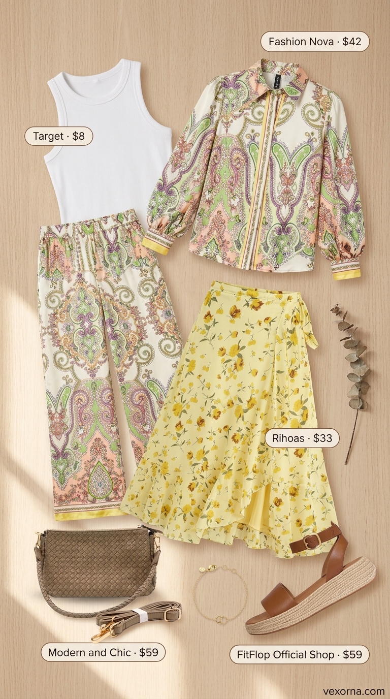 Sunny yellow floral midi skirt with white tank and espadrilles for casual summer matching set outfits 2026.
