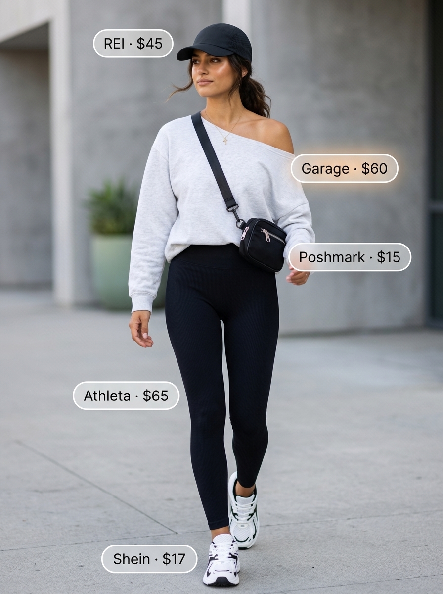 Charcoal grey off-shoulder sweatshirt with black leggings for casual summer outfits 2026.