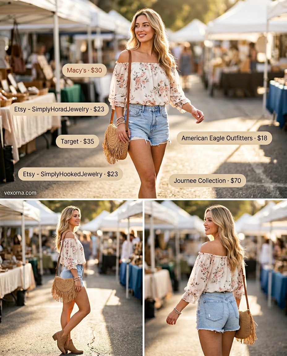 Boho chic casual summer off-shoulder outfits 2026: floral peasant top, denim shorts, straw bag, suede boots.