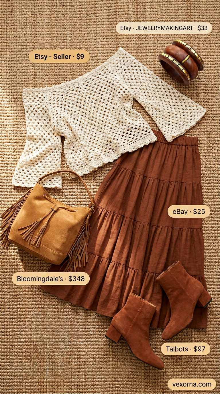 Cream crochet off-shoulder top with brown tiered skirt for casual summer outfits 2026.