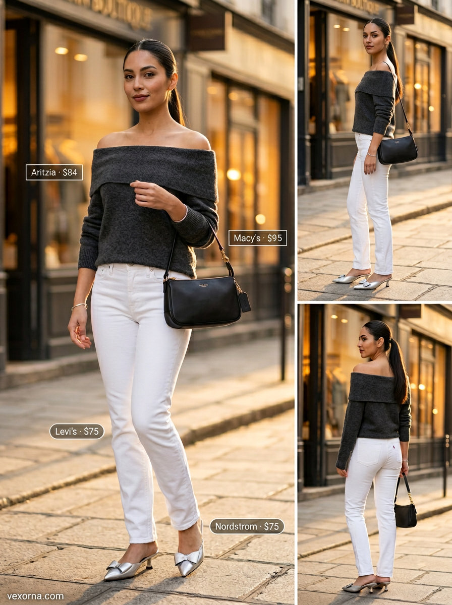 Chic casual summer off-shoulder outfits 2026: charcoal knit sweater, white jeans, heeled mules.
