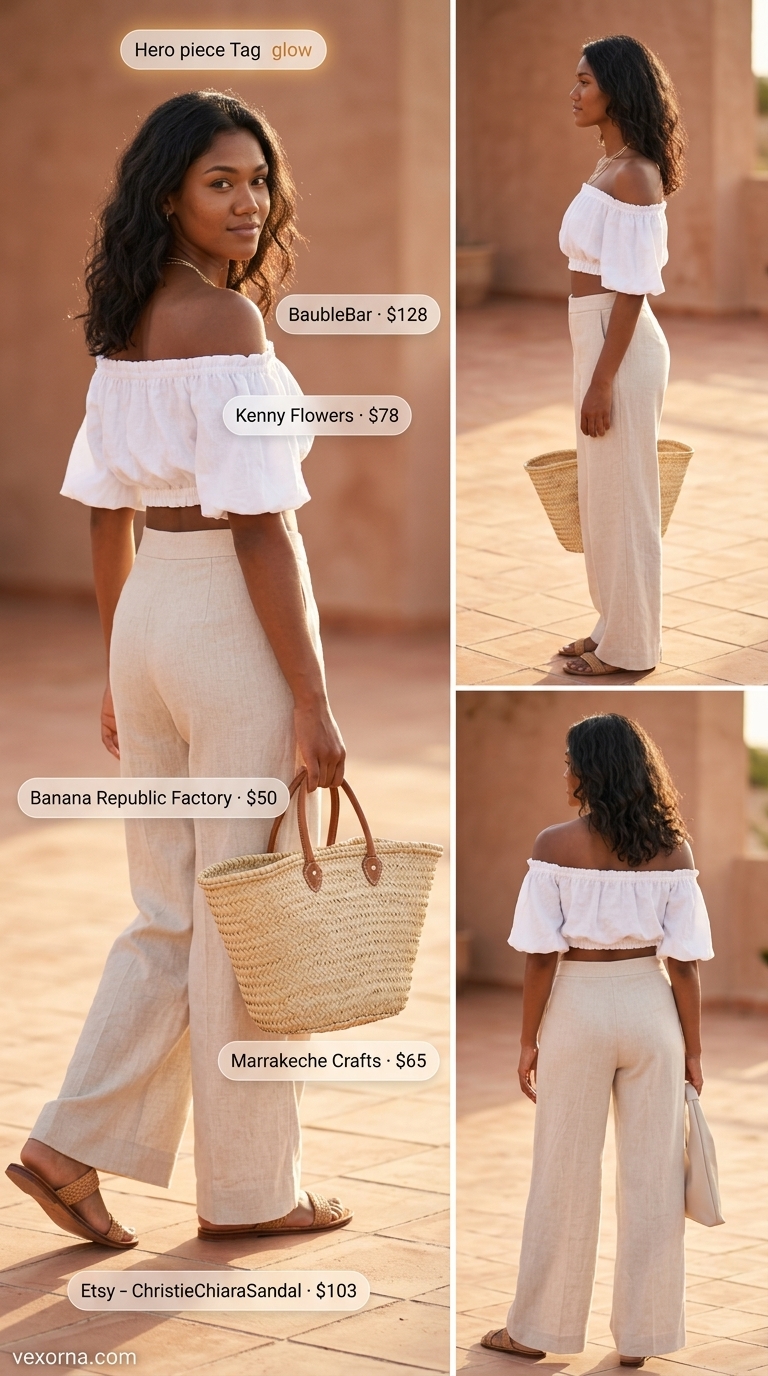 White linen off-shoulder top with beige wide-leg pants for casual summer outfits 2026.