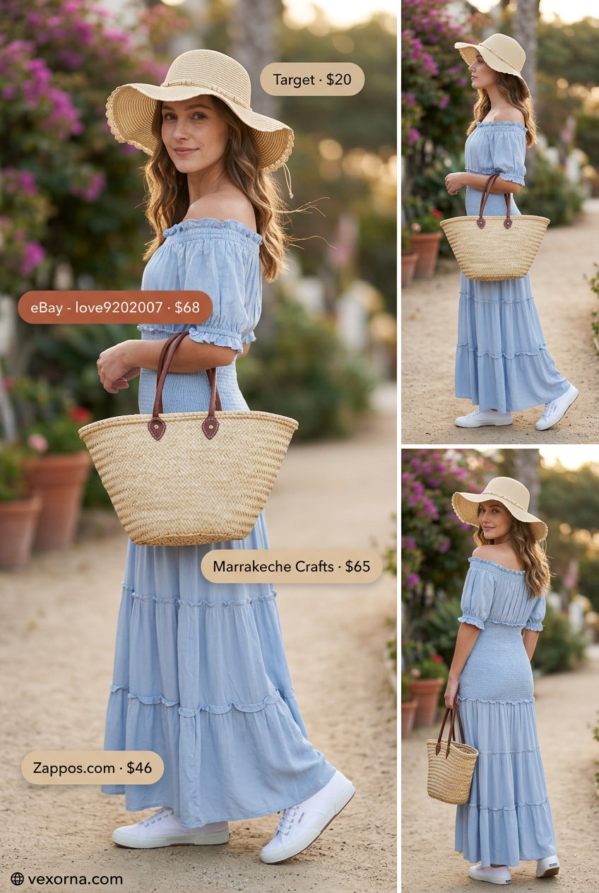 Carefree casual summer off-shoulder outfits 2026: sky blue maxi dress, straw hat, canvas sneakers.