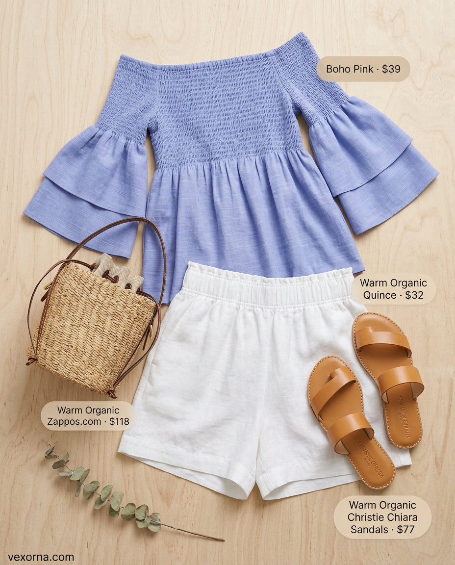 Sky blue smocked off-shoulder top with white linen shorts for casual summer outfits 2026.