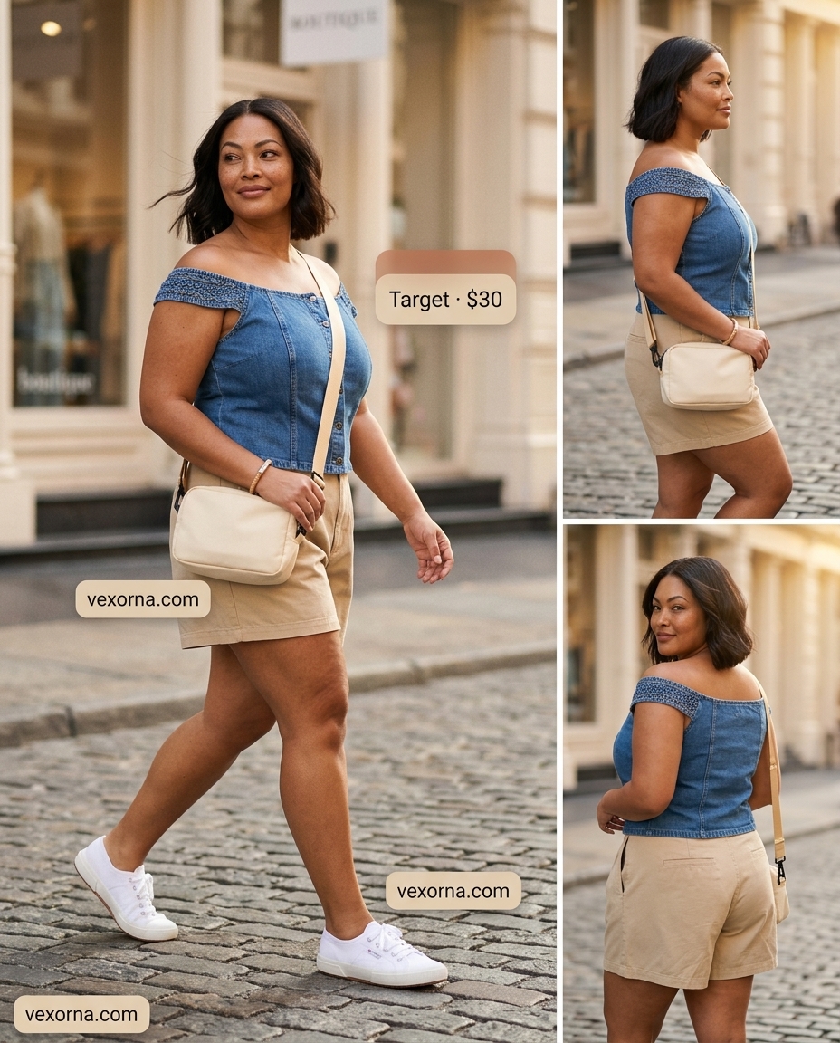 Medium wash denim off-shoulder top with denim shorts for casual summer outfits 2026.