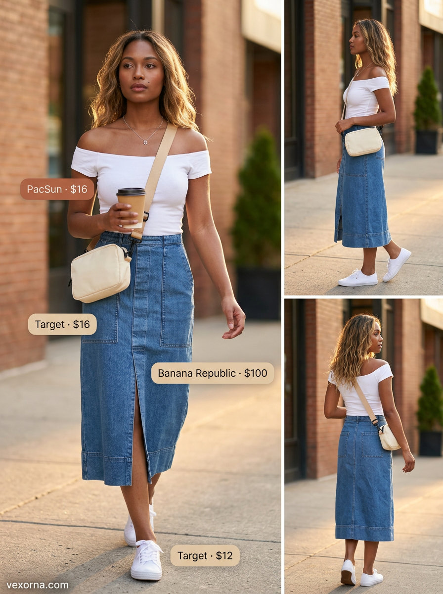 Classic casual summer off-shoulder outfits 2026: denim midi skirt, white off-shoulder tee, canvas bag.