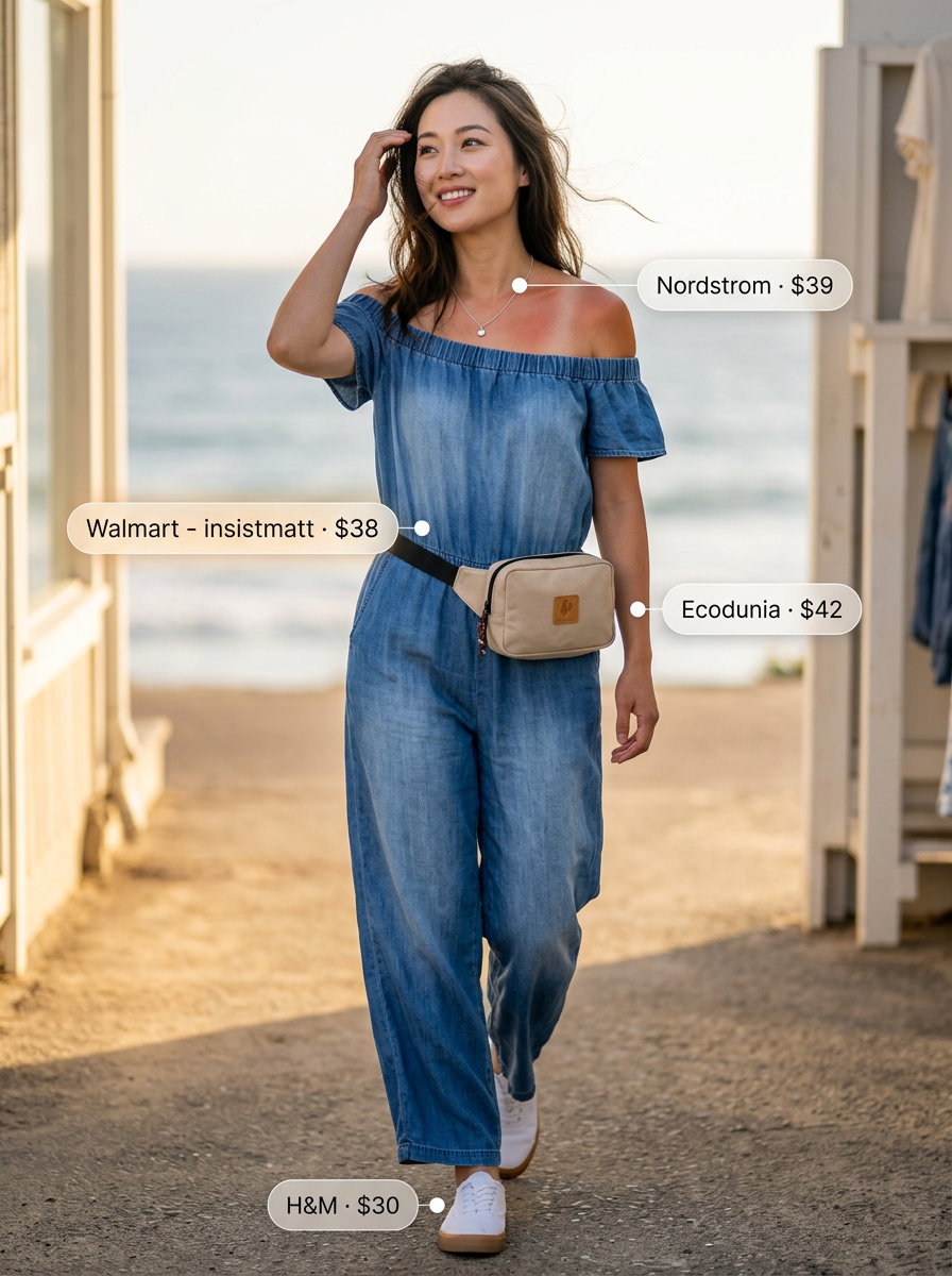 Relaxed denim blue off-shoulder wide-leg jumpsuit with white sneakers for casual summer off-shoulder outfits 2026.