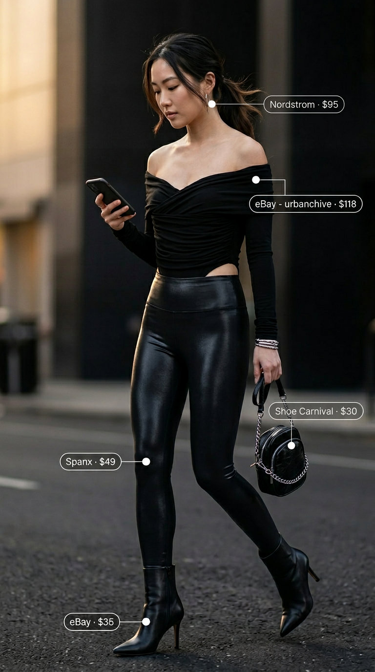 Edgy black off-shoulder bodysuit with faux leather leggings and ankle boots for casual summer off-shoulder outfits 2026.