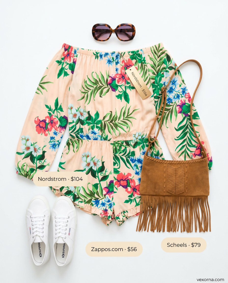 Playful coral and pink floral off-shoulder romper with white sneakers for casual summer off-shoulder outfits 2026.