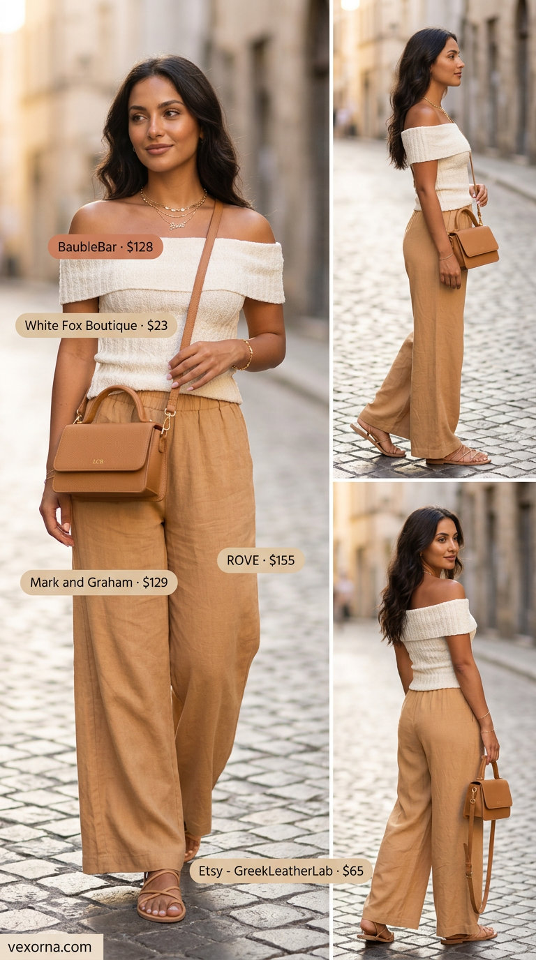 Effortless casual summer off-shoulder outfits 2026: camel linen pants, cream knit top, leather sandals.