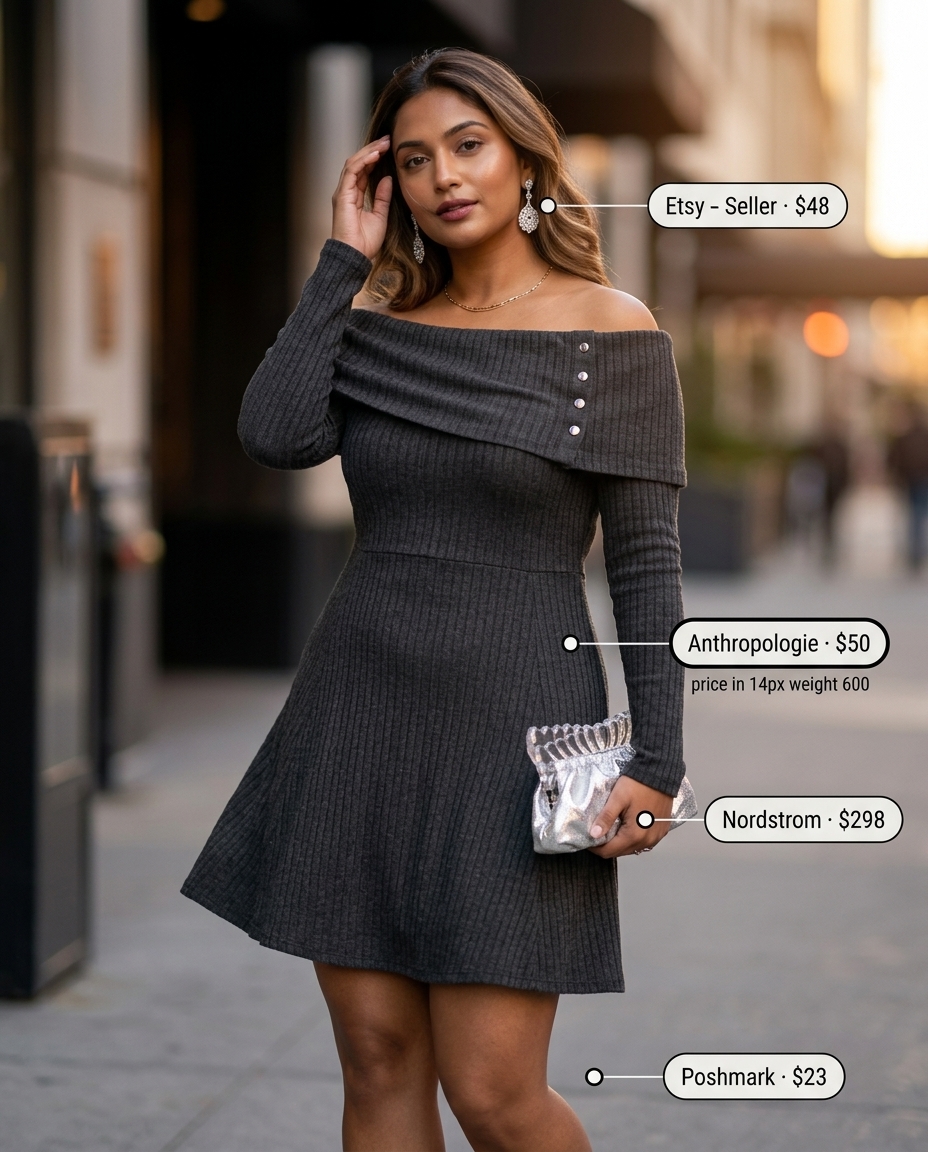 Sophisticated soft grey off-shoulder midi dress with silver heels and clutch for casual summer off-shoulder outfits 2026.