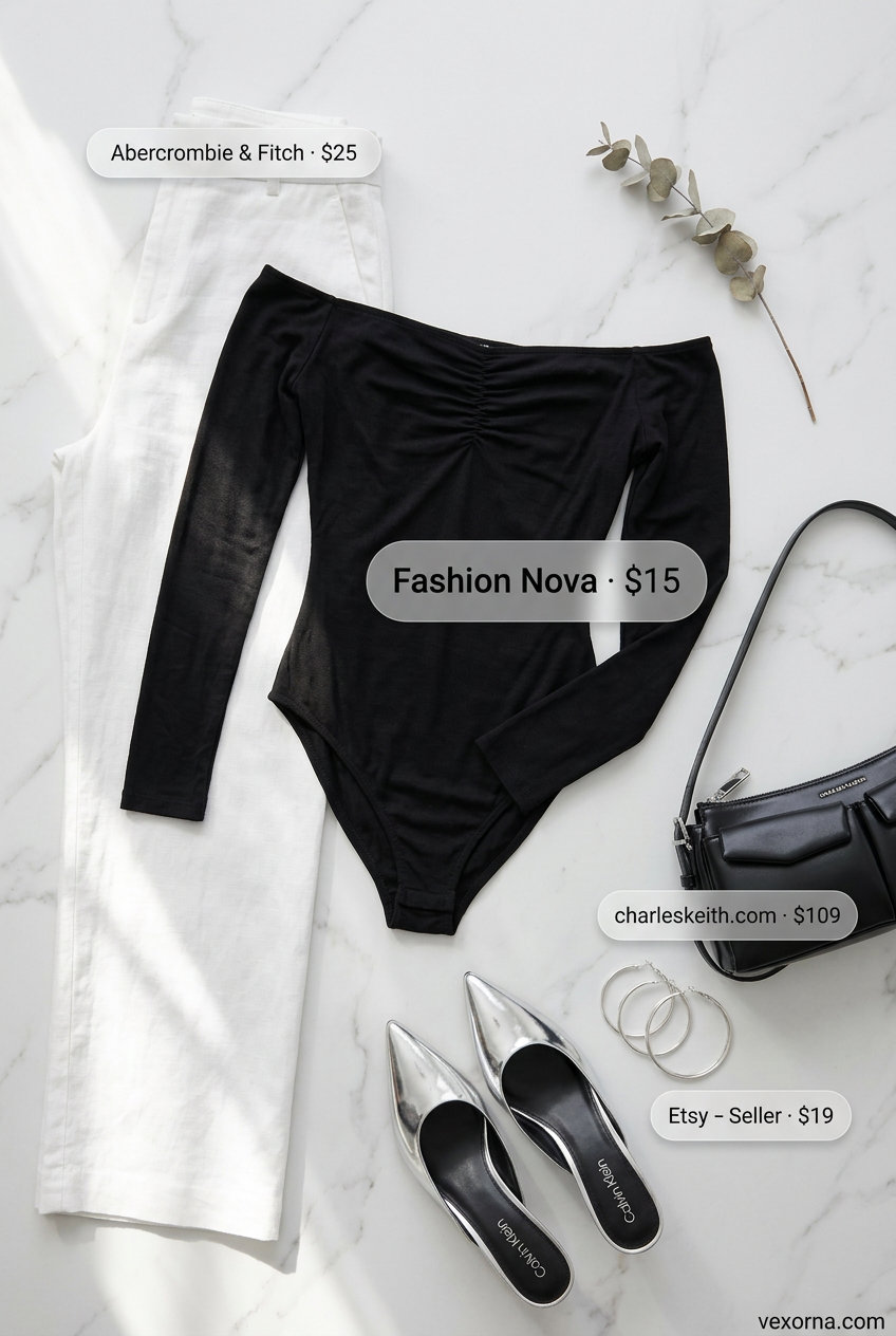 Bold casual summer off-shoulder outfits 2026: black bodysuit, white trousers, heeled mules.