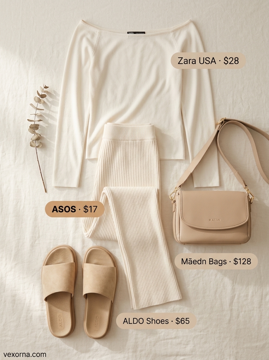 Minimalist casual summer off-shoulder outfits 2026: cream knit pants, off-shoulder top, leather slides.
