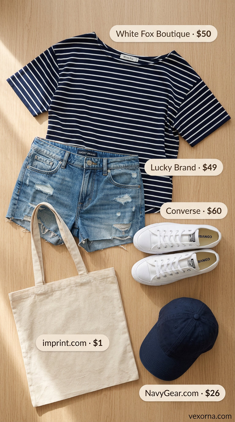 Classic navy and white striped off-shoulder t-shirt with denim shorts and sneakers for casual summer off-shoulder outfits 2026.