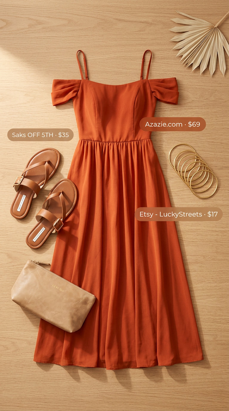 Vibrant sunset orange off-shoulder midi dress with tan sandals and gold bangles for casual summer off-shoulder outfits 2026.