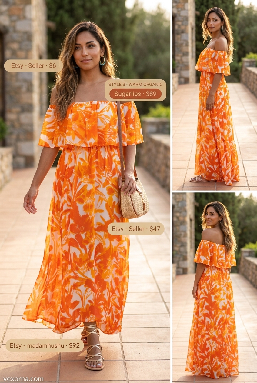 Coral abstract print off-shoulder maxi dress for casual summer outfits 2026. Vibrant vacation wear.