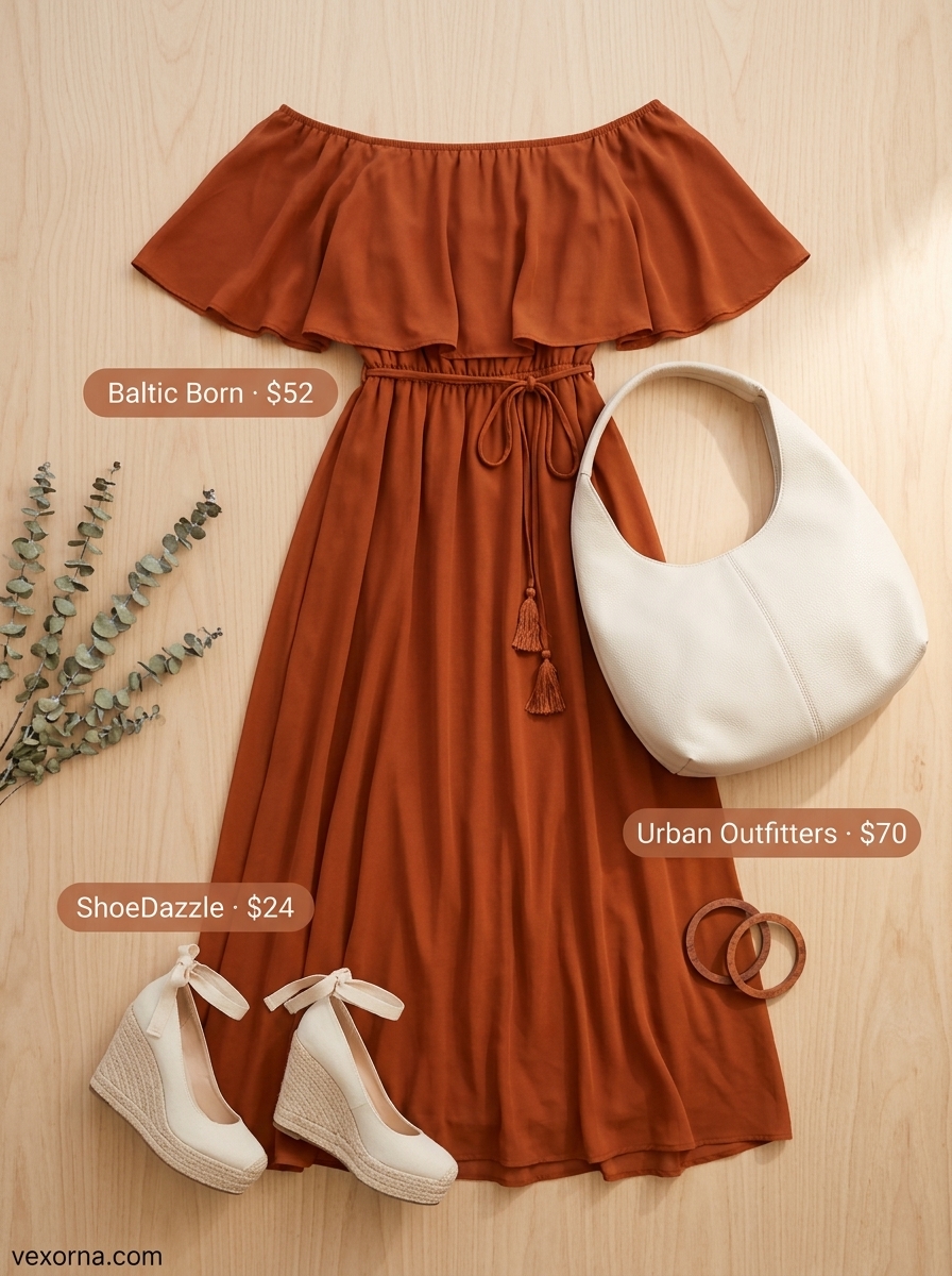Terracotta linen off-shoulder maxi dress for casual summer outfits 2026. Perfect for evening strolls.