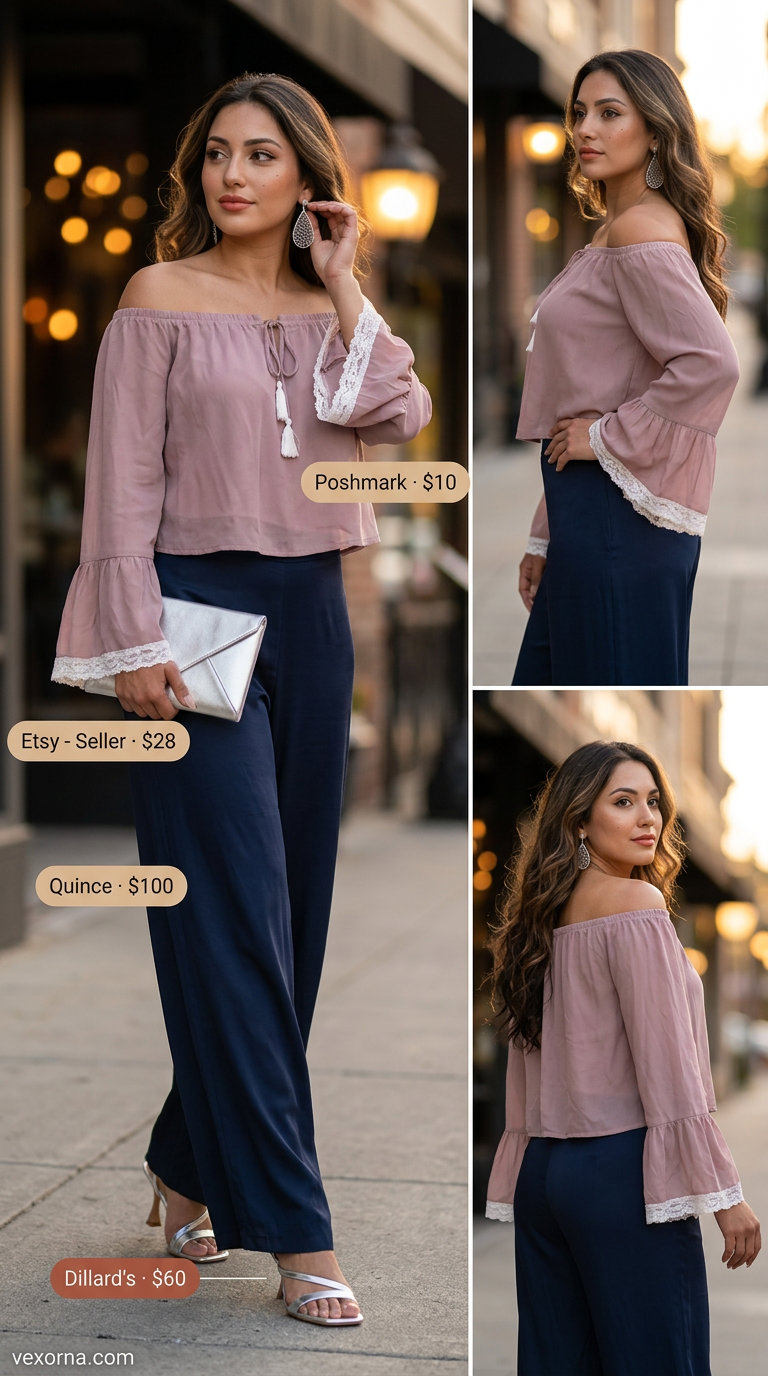 Romantic casual summer off-shoulder outfits 2026: blush pink blouse, navy palazzo pants, heeled sandals.