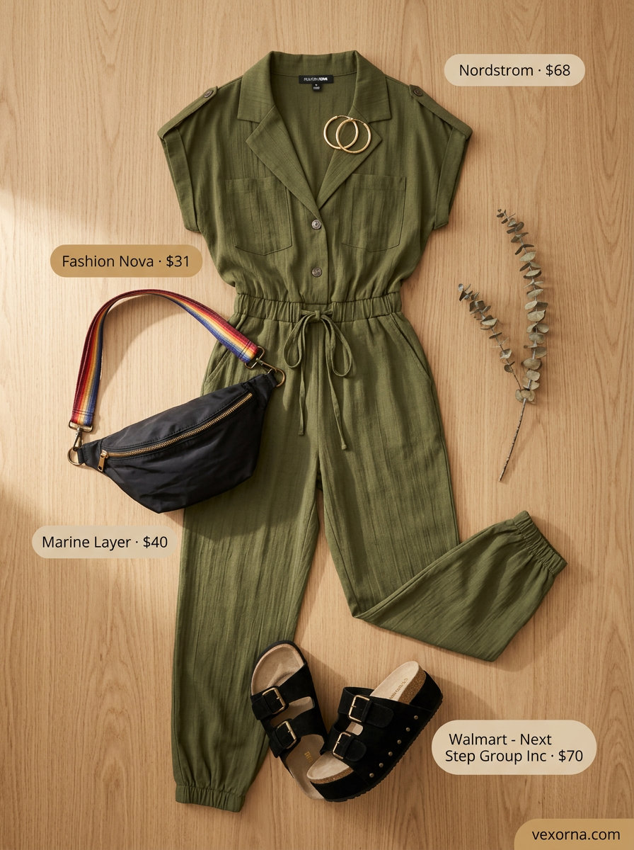 Chic olive green off-shoulder utility jumpsuit with black slides and gold earrings for casual summer off-shoulder outfits 2026.