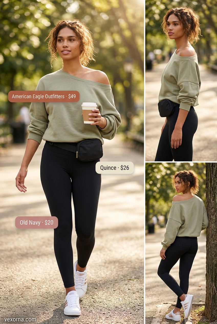 Cozy casual summer off-shoulder outfits 2026: olive sweatshirt, black leggings, belt bag, sneakers.