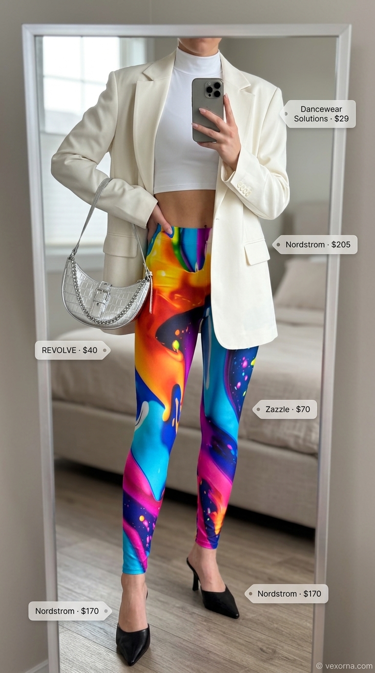 Chic legging outfits summer for women 2026: Abstract print leggings, white crop top, white blazer for gallery.