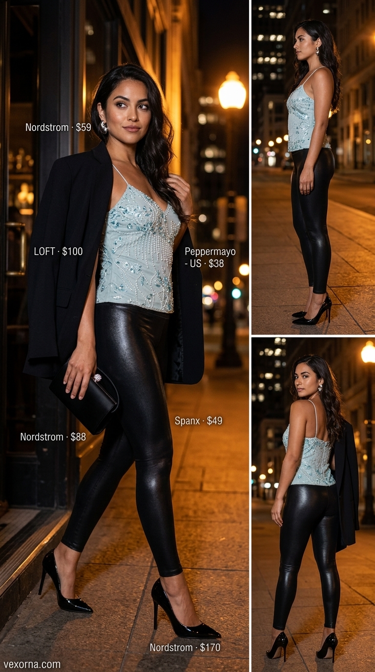 Chic legging outfits summer for women 2026: Black faux leather leggings, sequin cami, blazer for rooftop.