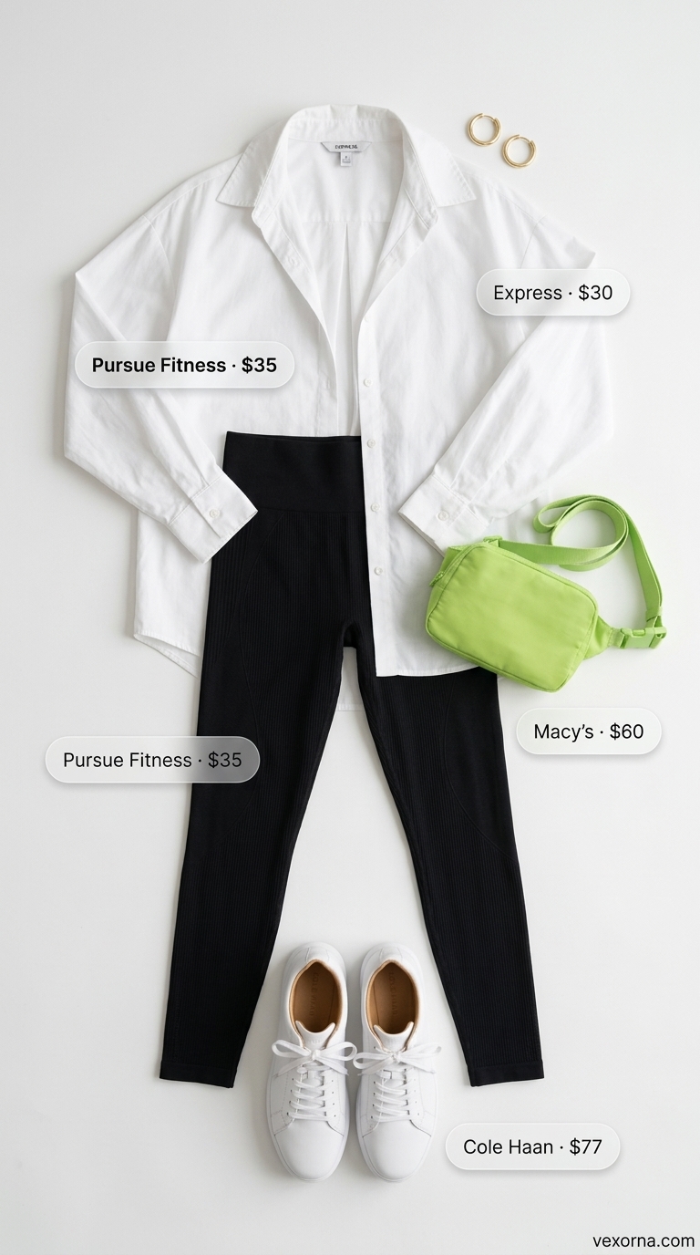 Chic legging outfits summer for women 2026: Black leggings, white shirt, lime green bag for city athleisure.