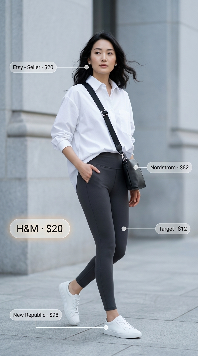 Chic legging outfits summer for women 2026: Black performance leggings, oversized white shirt, crossbody bag, and white sneakers.