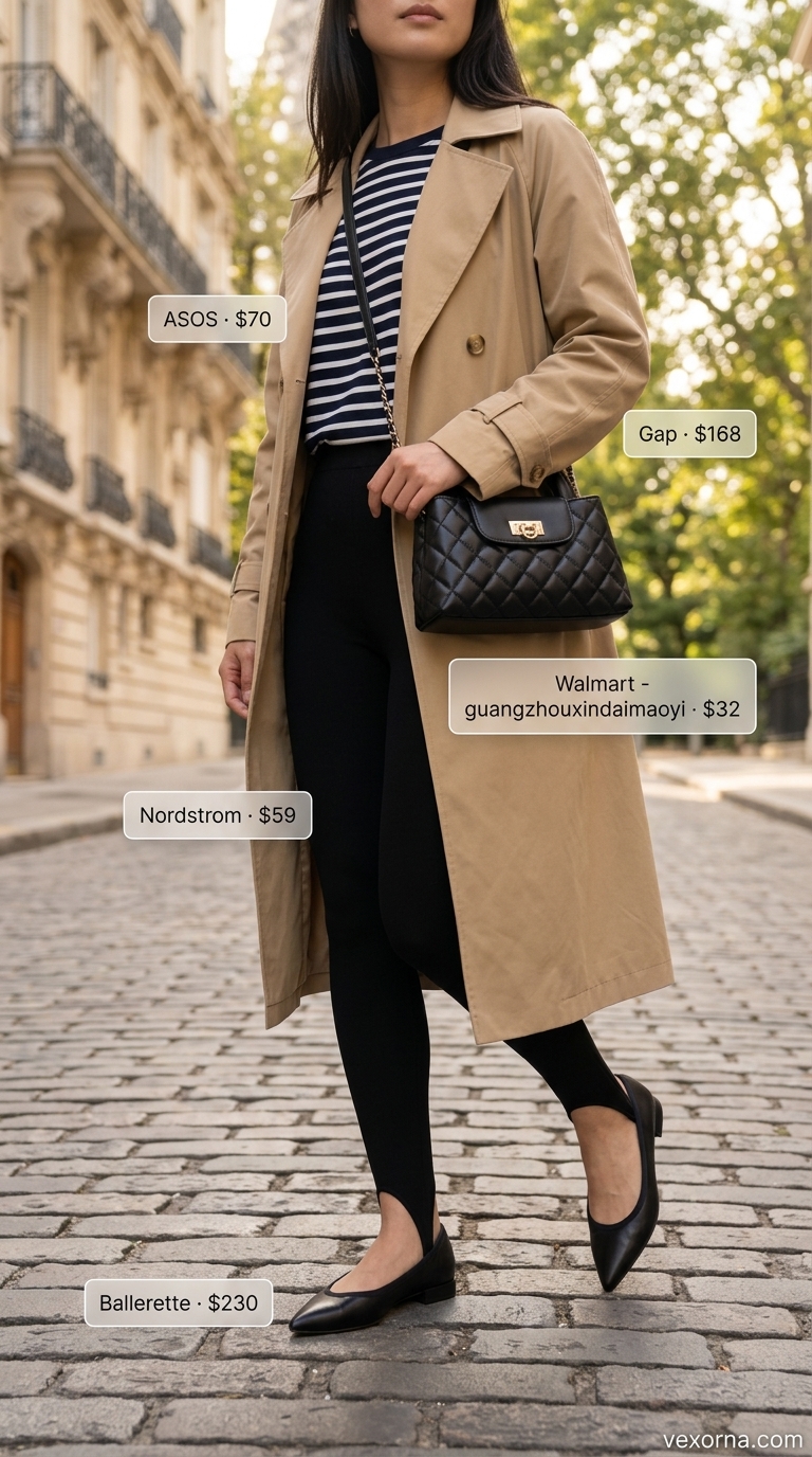 Chic legging outfits summer for women 2026: Black stirrup leggings, Breton top, trench coat, and ballet flats for Parisian style.