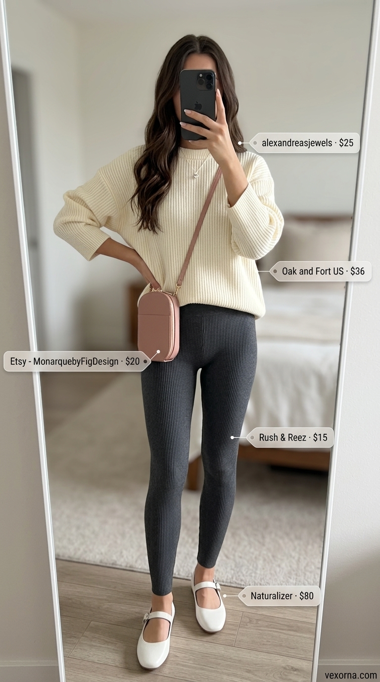 Chic legging outfits summer for women 2026: Charcoal leggings, cream sweater, ballet flats for cozy cafe.