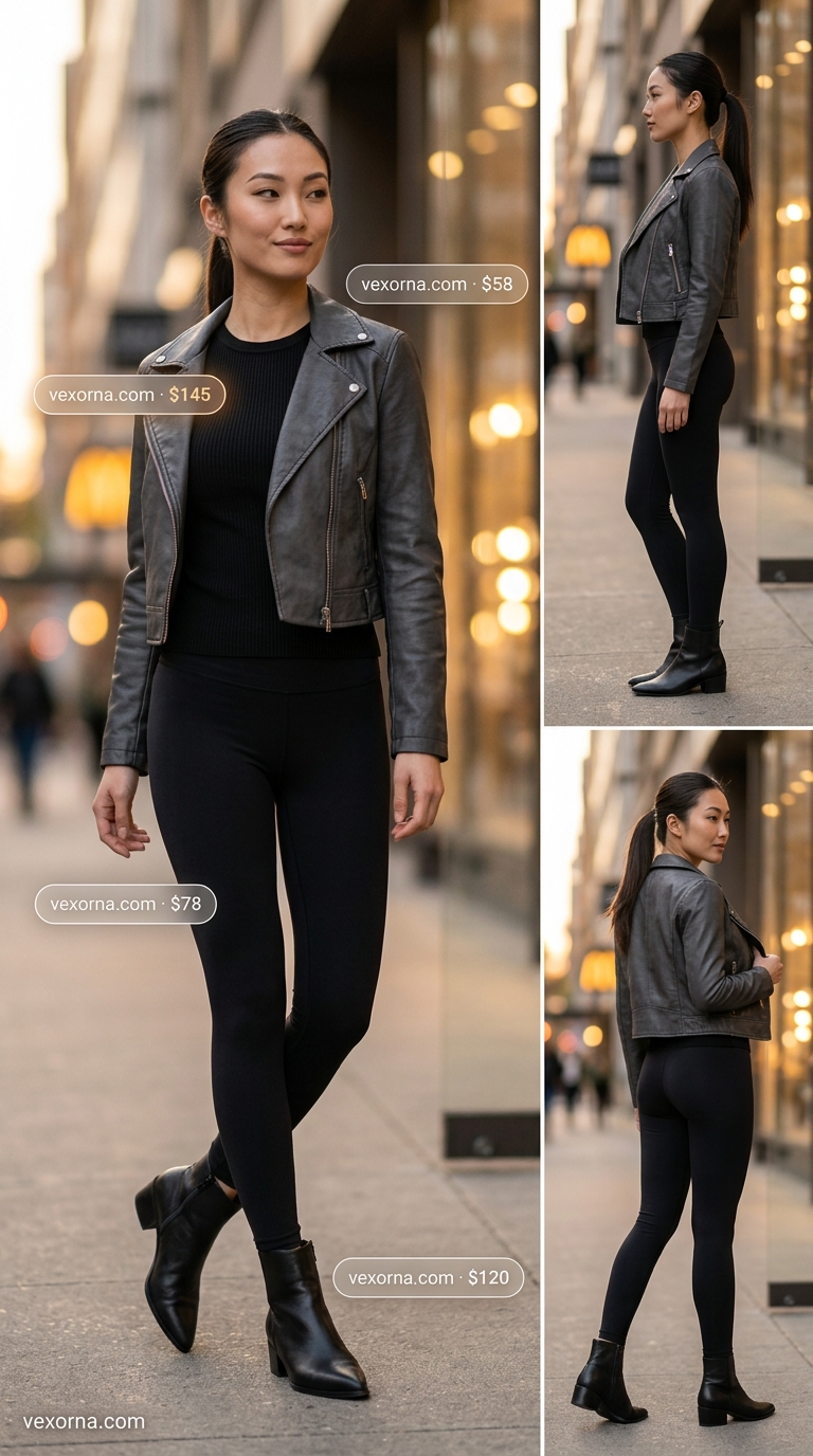 Chic legging outfits summer for women 2026: Charcoal moto leggings, emerald utility jacket, black boots for city exploration.