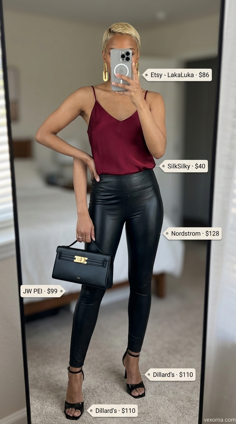 Chic legging outfits summer for women 2026: Faux leather leggings, burgundy cami, strappy heels for date night.