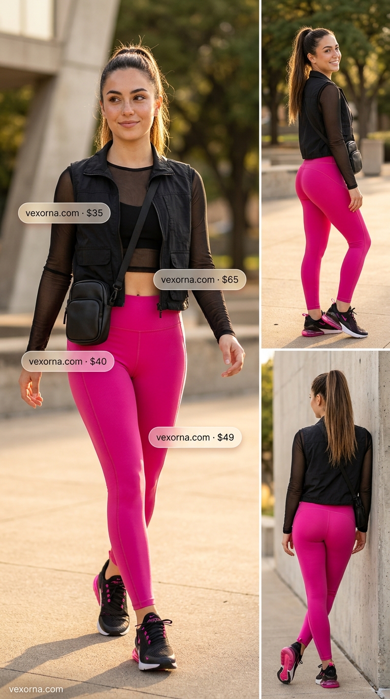 Chic legging outfits summer for women 2026: Fuchsia leggings, white denim jacket, and platform sneakers for a vibrant festival look.