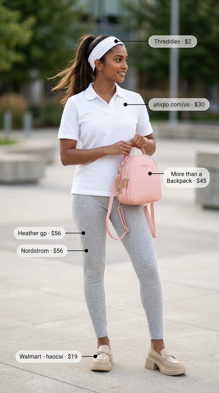 Chic legging outfits summer for women 2026: Heather grey leggings, oversized polo shirt, chunky loafers, and mini backpack.