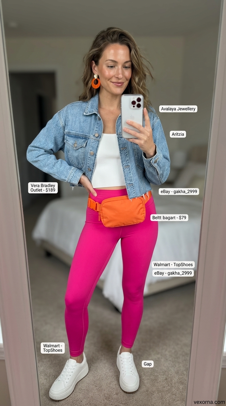 Chic legging outfits summer for women 2026: Hot pink leggings, white crop top, denim jacket for festival.