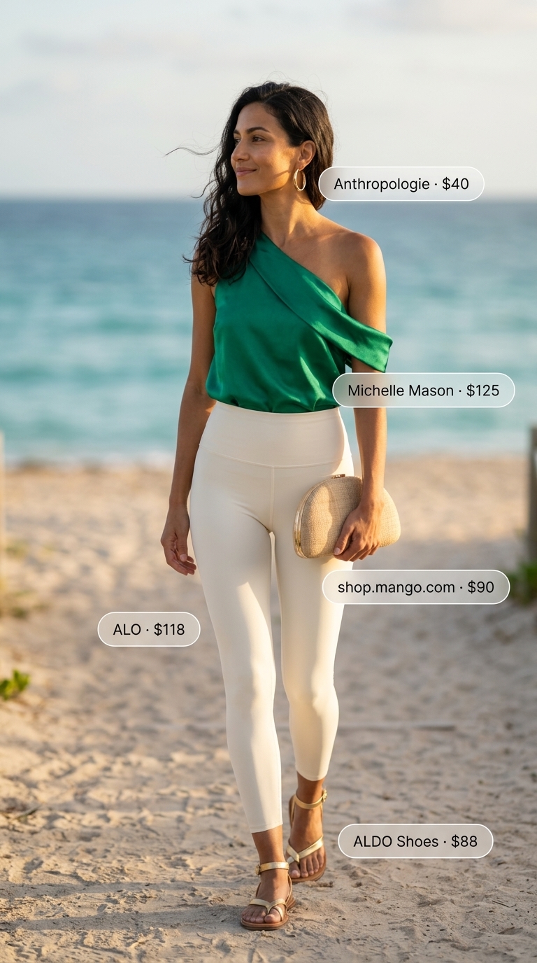 Chic legging outfits summer for women 2026: Ivory leggings, emerald green satin top, gold hoops, and metallic sandals.