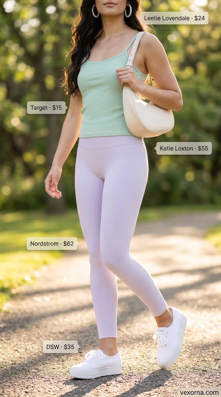 Chic legging outfits summer for women 2026: Lavender seamless leggings, mint green camisole, and white platform sneakers.