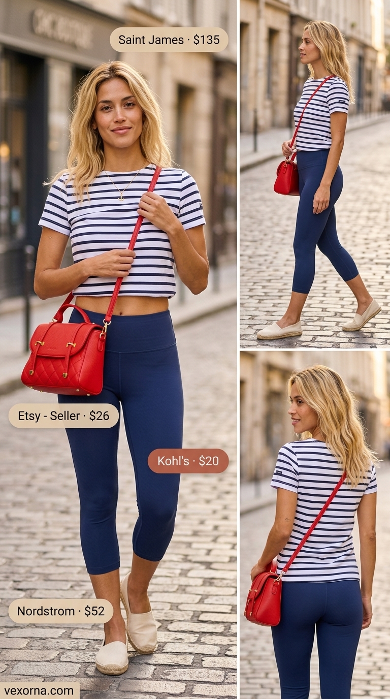 Chic legging outfits summer for women 2026: Navy capri leggings, striped tee, and espadrilles for a crisp nautical day out.