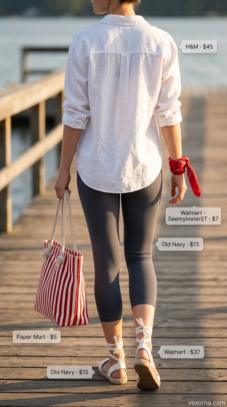 Chic legging outfits summer for women 2026: Navy capri leggings, white linen shirt, red bandana, and canvas tote for a nautical look.