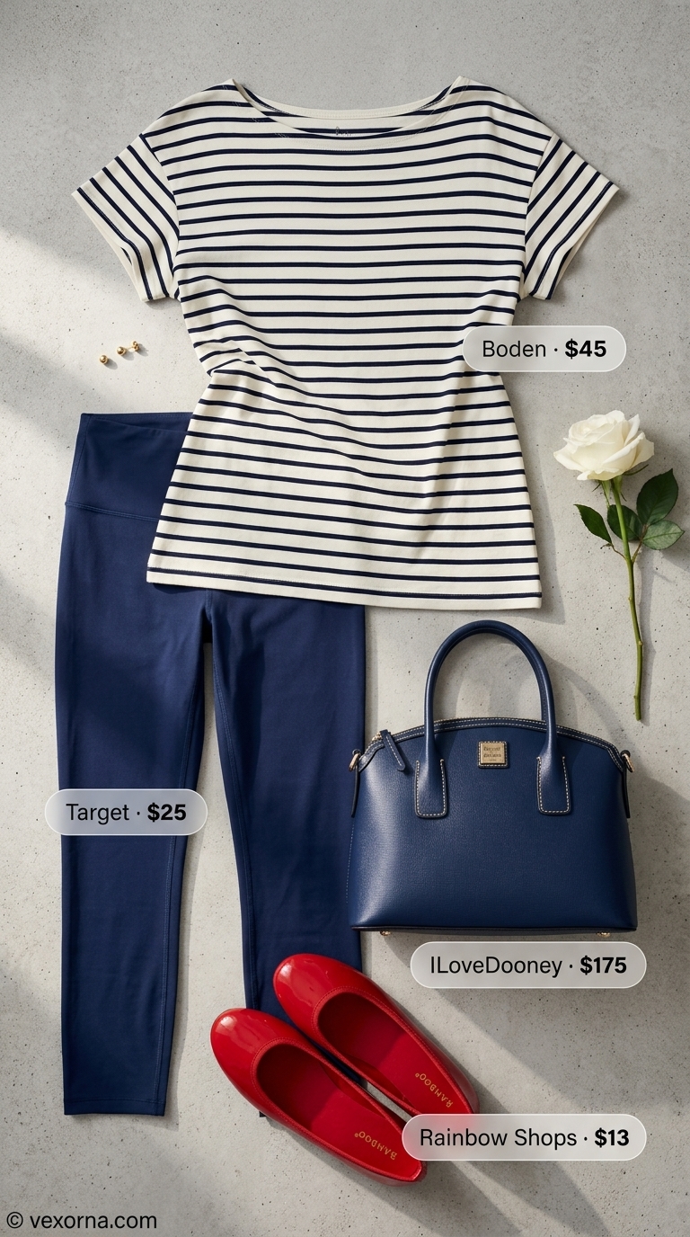 Chic legging outfits summer for women 2026: Navy capri leggings, striped boat neck top, red ballet flats, and structured satchel.