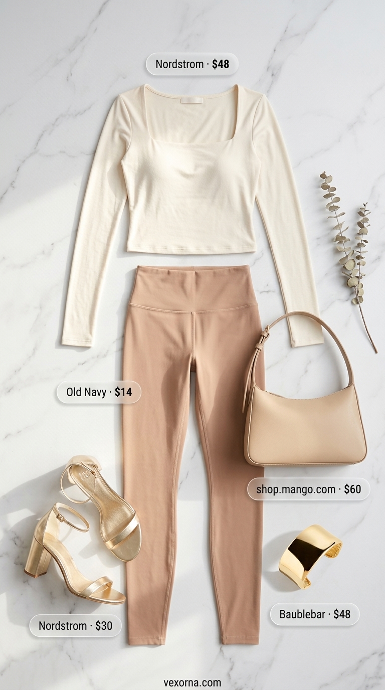 Chic legging outfits summer for women 2026: Nude leggings, cream crop top, and strappy sandals for sophisticated gallery visits.
