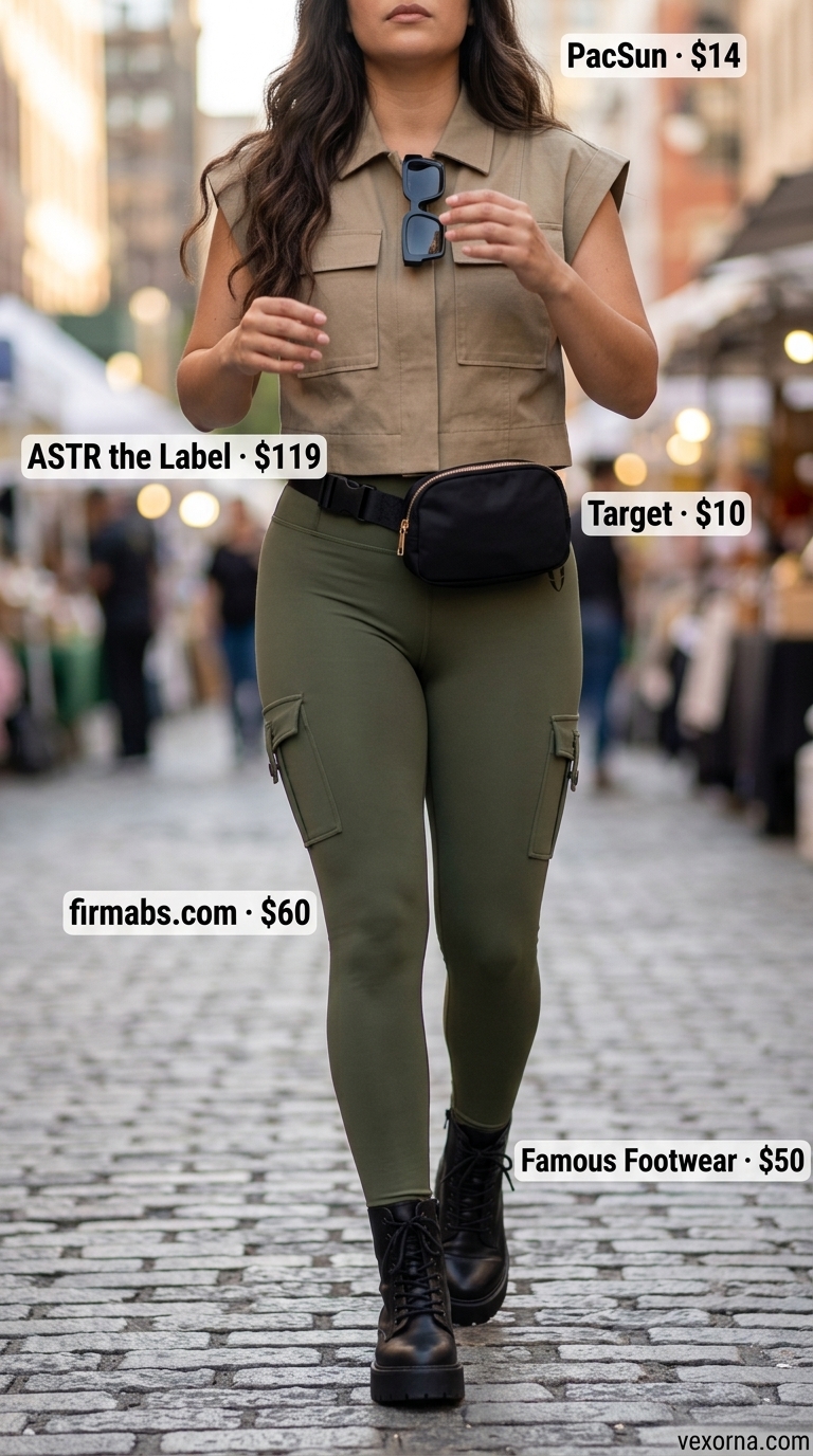 Chic legging outfits summer for women 2026: Olive green cargo leggings, khaki top, combat boots for urban safari.