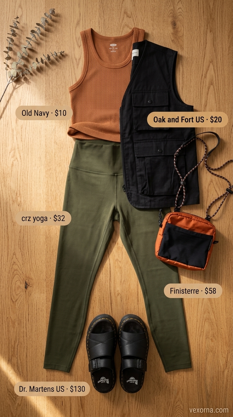 Chic legging outfits summer for women 2026: Olive green leggings, utility vest, and black tank for adventurous outdoor markets.