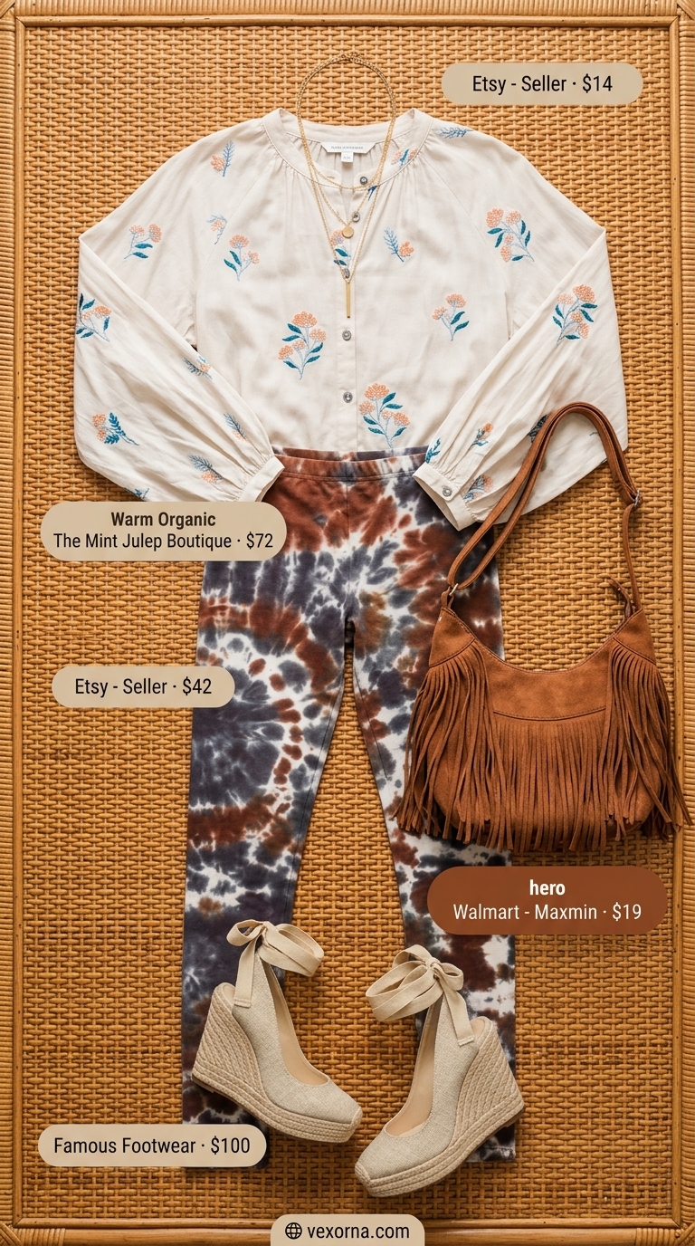 Chic legging outfits summer for women 2026: Rust tie-dye leggings, cream tunic, gold necklaces, and fringe bag for a bohemian vibe.