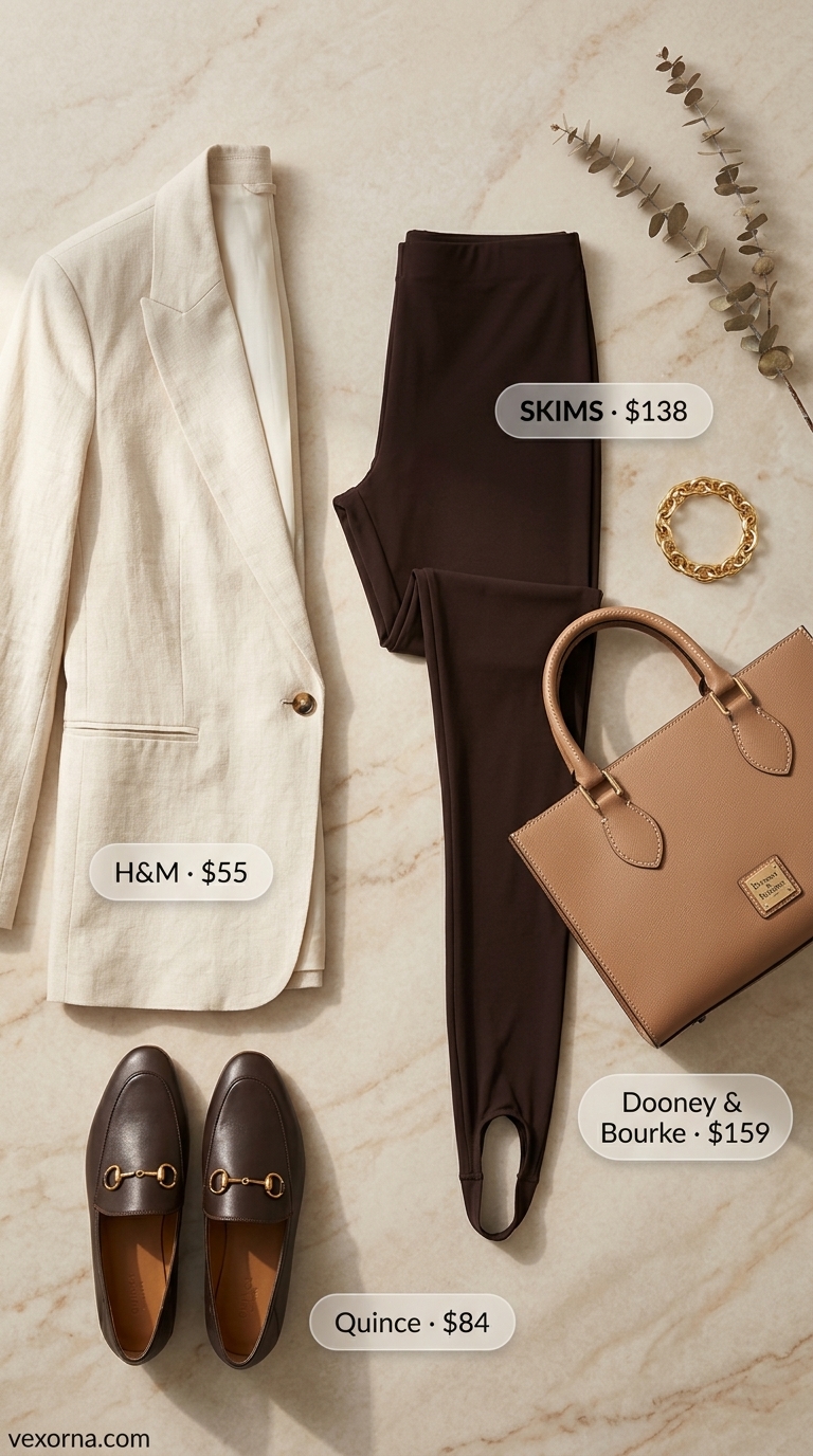 Chic legging outfits summer for women 2026: Stirrup leggings, beige blazer, loafers for elevated casual.