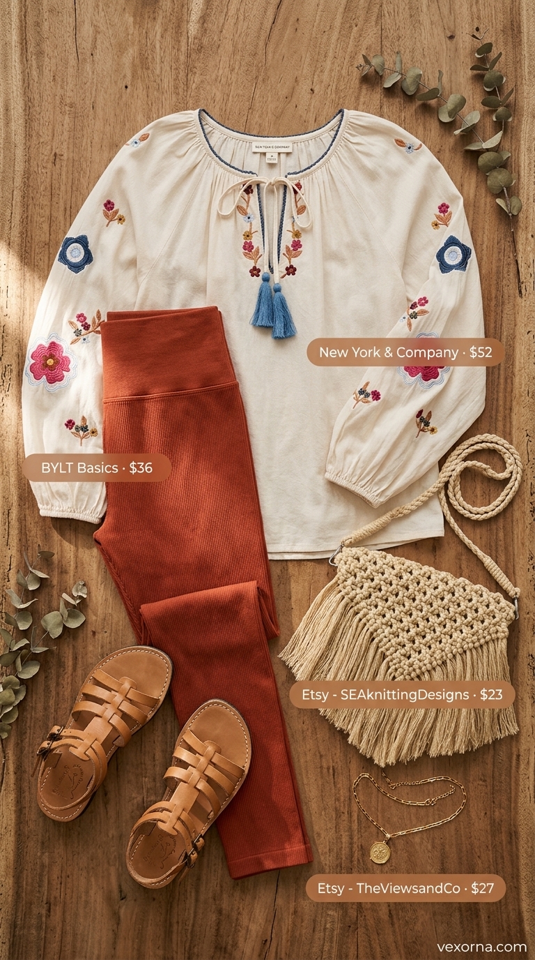 Chic legging outfits summer for women 2026: Terracotta leggings, embroidered blouse, gladiator sandals for market.