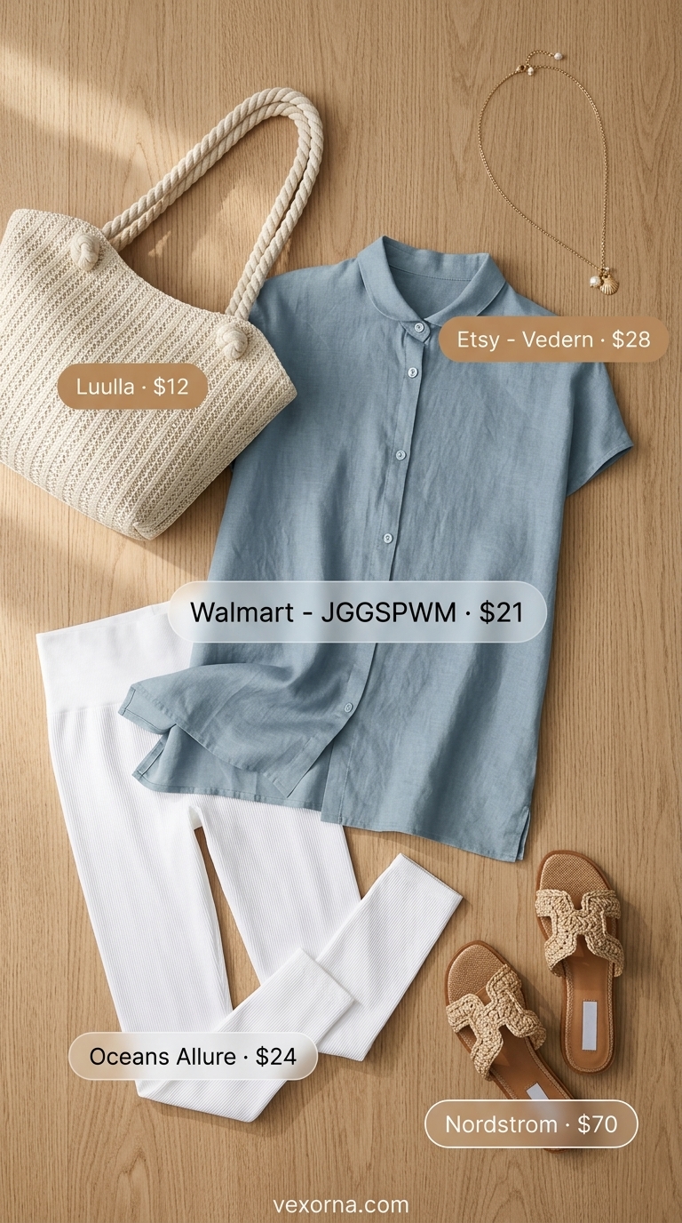 Chic legging outfits summer for women 2026: White ribbed leggings, blue tunic, straw bag for beach brunch.