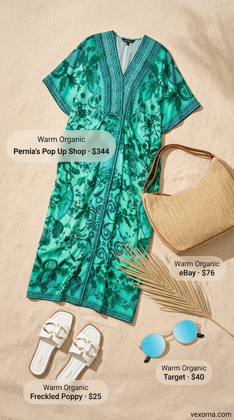 Chic summer beach outfit for women 2026: Emerald green kaftan, raffia tote, round sunglasses, and flat slides for a bohemian beach cover-up.