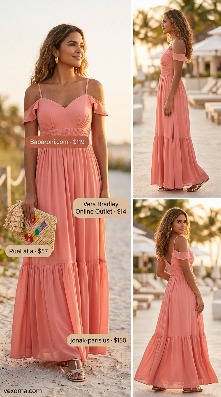 Chic summer beach outfit for women 2026: Coral maxi dress, gold sandals, hoop earrings, and raffia clutch for a sunset beach dinner.
