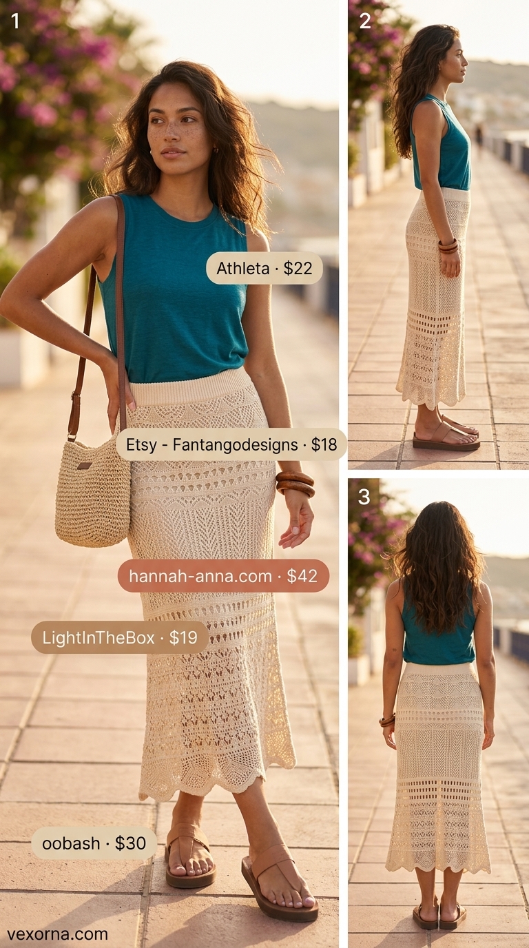 Chic summer beach outfit for women 2026: Crochet skirt, teal tank, wood bangles, and woven crossbody for a boho market visit.